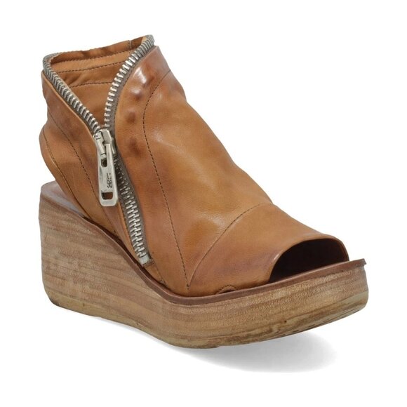 $370 A.S.98 Naylor Platform Wedge Sandal CAMEL LEATHER ZIPPER MOTO 37 (MG7) - Picture 1 of 7